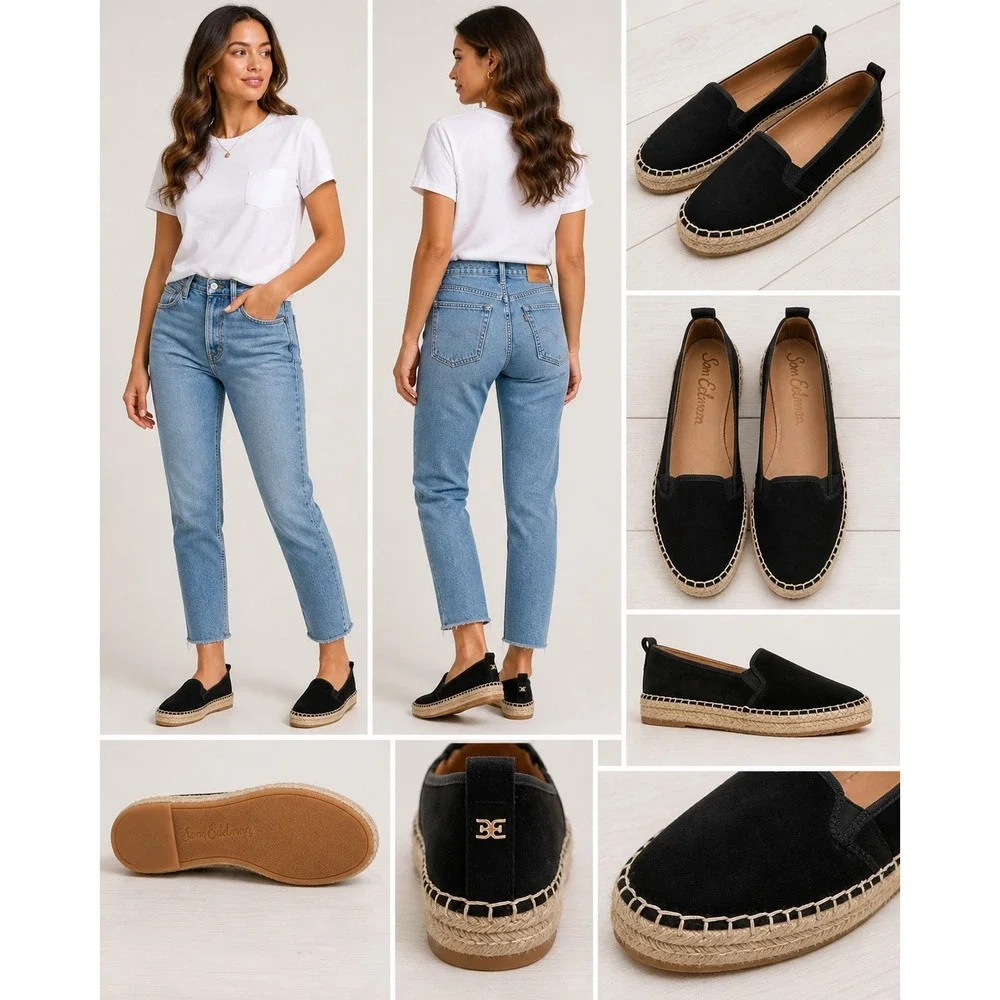 Sam Edelman Carrin Black Suede Platform Espadrille Slip‎ On Loafer Shoes  7M